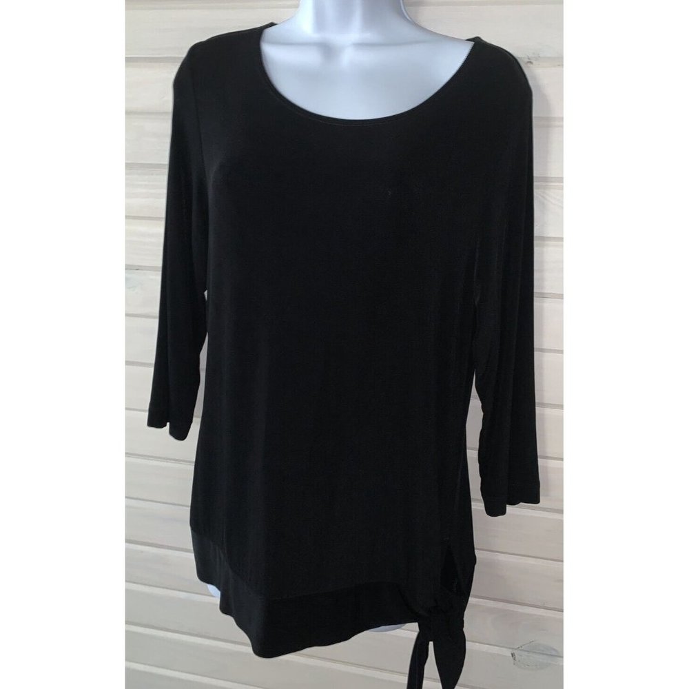 Chicos Travelers Sz 1 (MEDIUM) Slinky Black Tunic Blouse Side Tie 3/4 Sleeve EUC